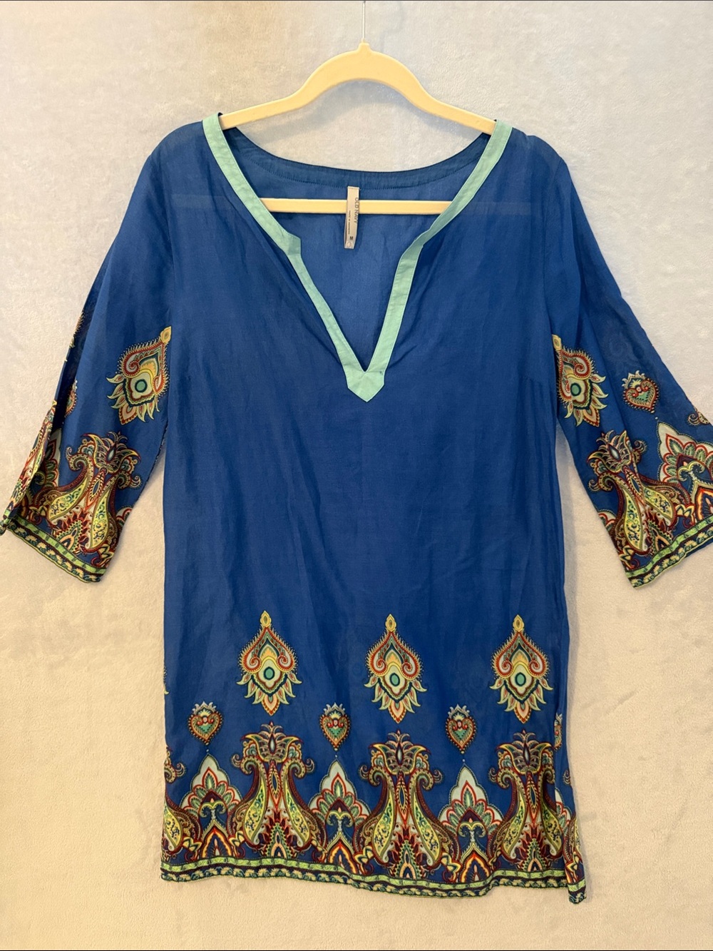 Blue Embroidered V‑Neck Tunic with Green Trim